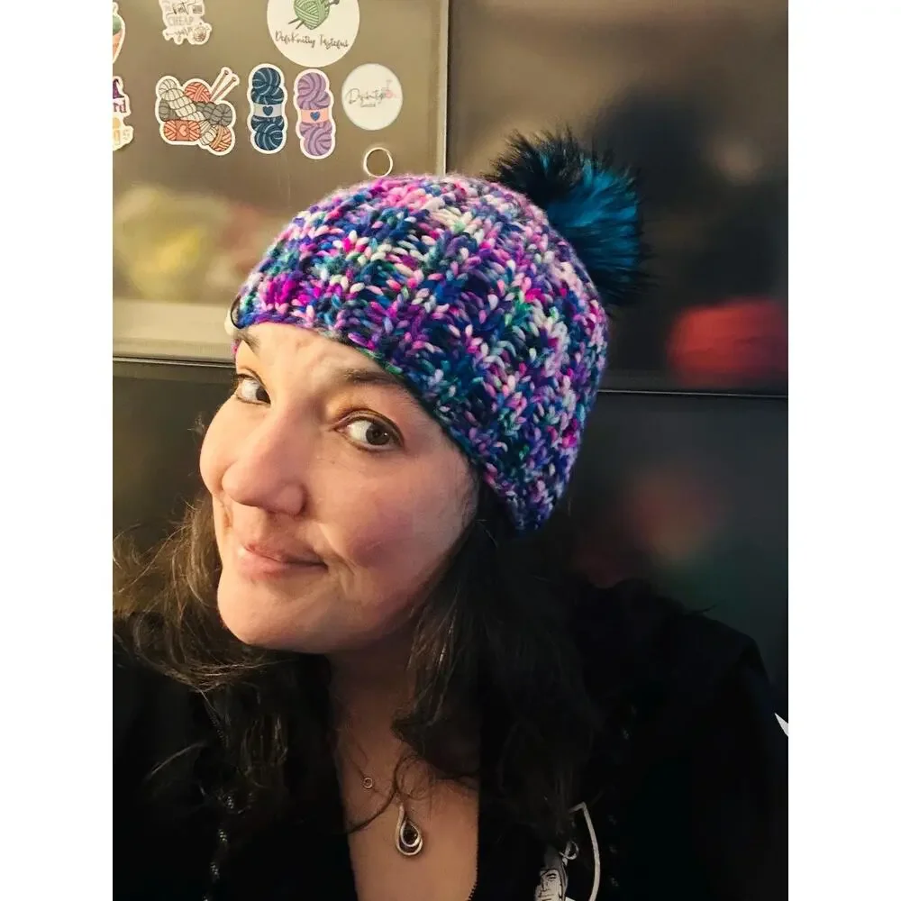 Hand Knit Merino Wool Beanie: Bulky Chic Hat with Faux Fur Pom